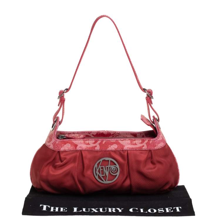 Pre Owned Kenzo Red Pleated Nylon and Leather Small Zip Hobo