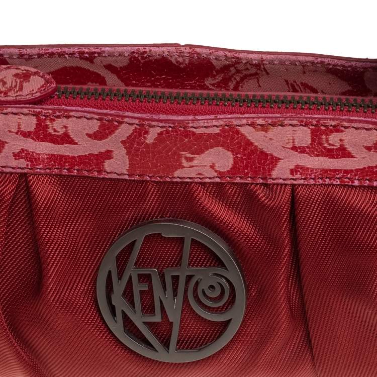 Pre Owned Kenzo Red Pleated Nylon and Leather Small Zip Hobo