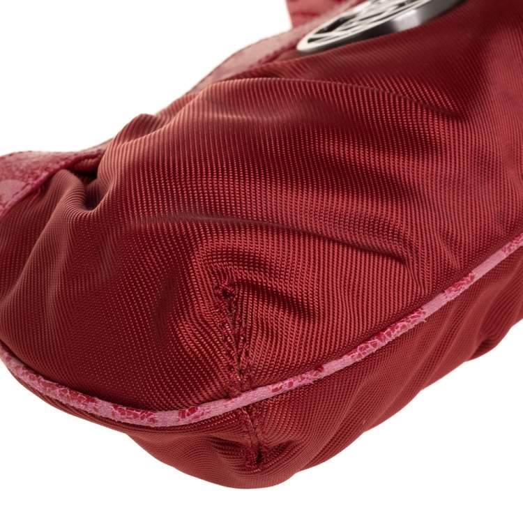 Pre Owned Kenzo Red Pleated Nylon and Leather Small Zip Hobo