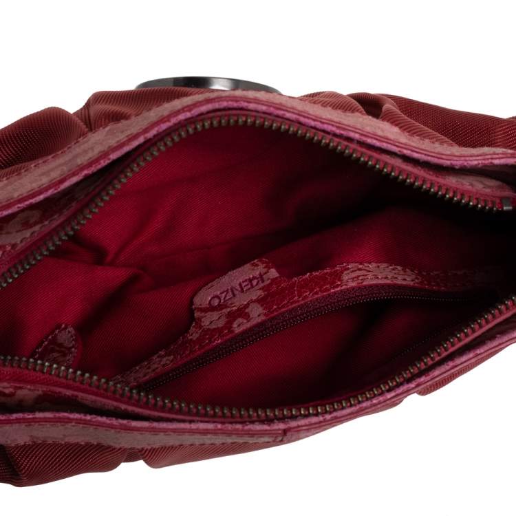 Pre Owned Kenzo Red Pleated Nylon and Leather Small Zip Hobo