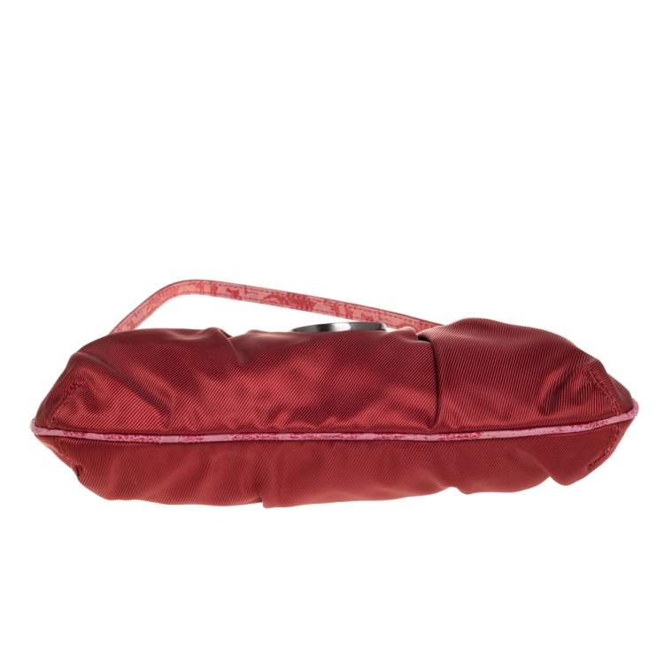 Pre Owned Kenzo Red Pleated Nylon and Leather Small Zip Hobo