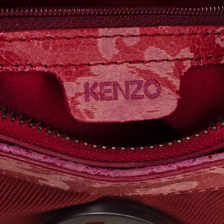Pre Owned Kenzo Red Pleated Nylon and Leather Small Zip Hobo