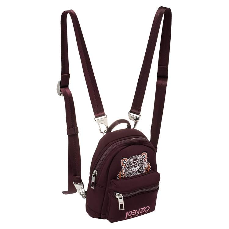 Pre Owned Kenzo Dark Burgundy Neoprene Mini Embroidered Tiger Backpack