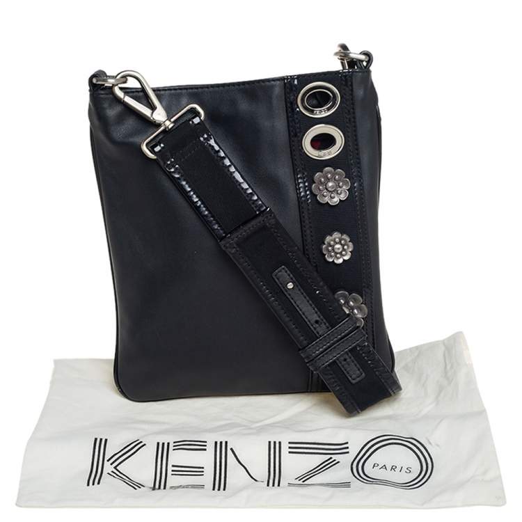 مملوكة مسبقًا Kenzo Black Leather and Patent Leather Trim Metal Floral Embellished Messenger Bag