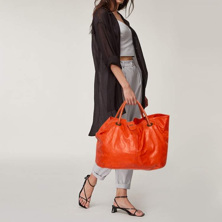 Pre Owned Kenzo Burnt Orange Leather Studded Handle Hobo  