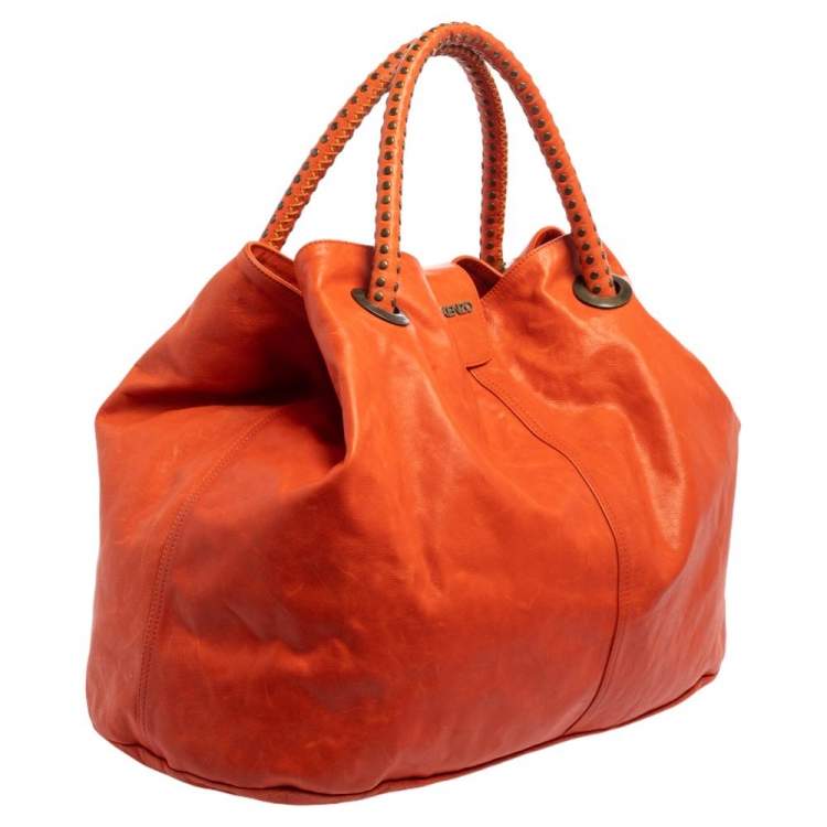 Pre Owned Kenzo Burnt Orange Leather Studded Handle Hobo  