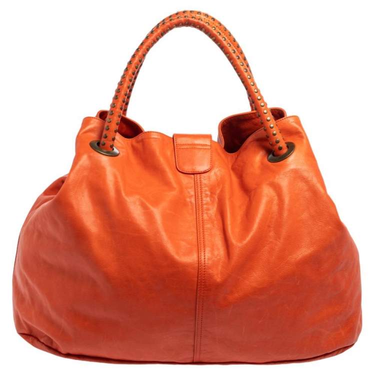 Pre Owned Kenzo Burnt Orange Leather Studded Handle Hobo  