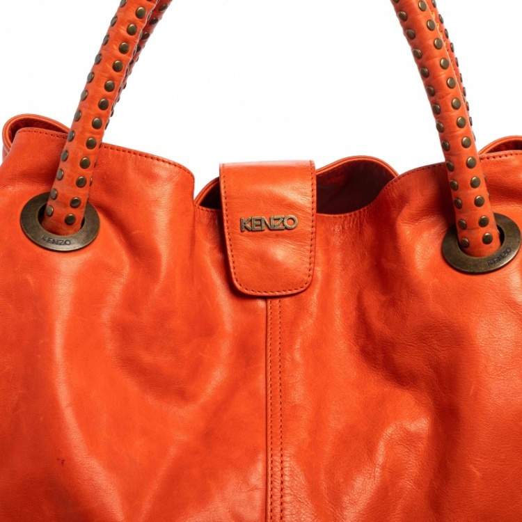 Pre Owned Kenzo Burnt Orange Leather Studded Handle Hobo  