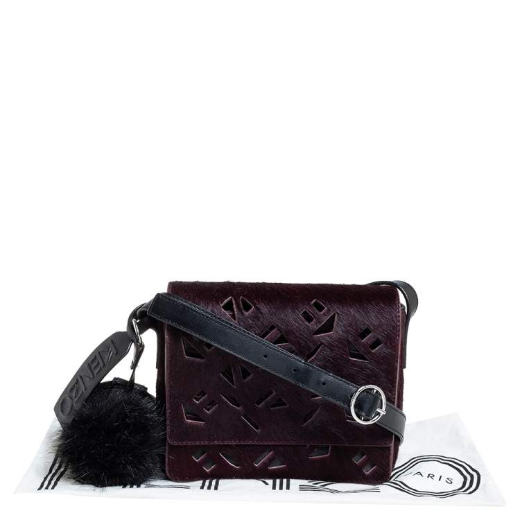 Pre Owned Kenzo Burgundy/Black Calfhair and Leather Lazer Cut Flap Shoulder Bag