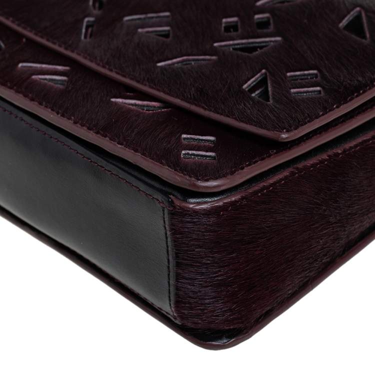 Pre Owned Kenzo Burgundy/Black Calfhair and Leather Lazer Cut Flap Shoulder Bag