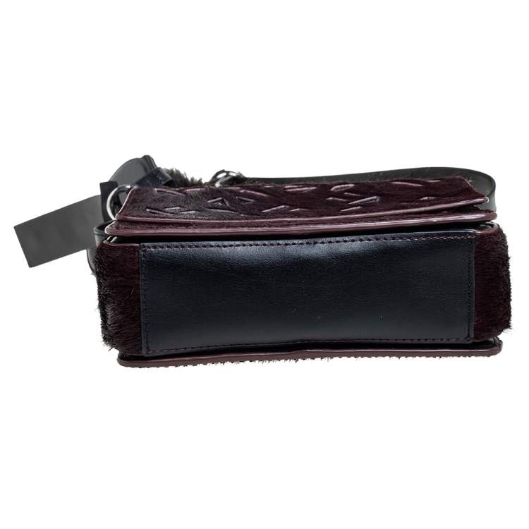 Pre Owned Kenzo Burgundy/Black Calfhair and Leather Lazer Cut Flap Shoulder Bag