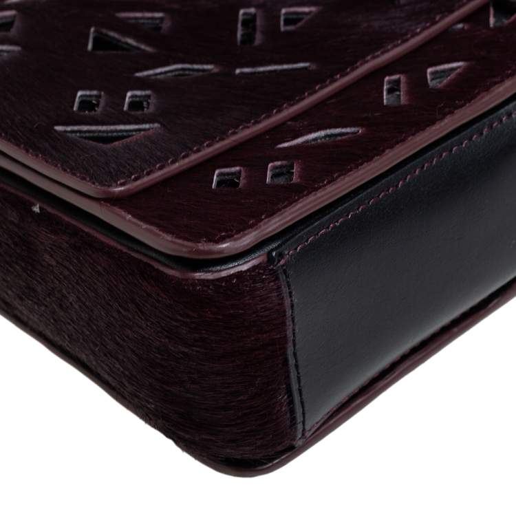 Pre Owned Kenzo Burgundy/Black Calfhair and Leather Lazer Cut Flap Shoulder Bag