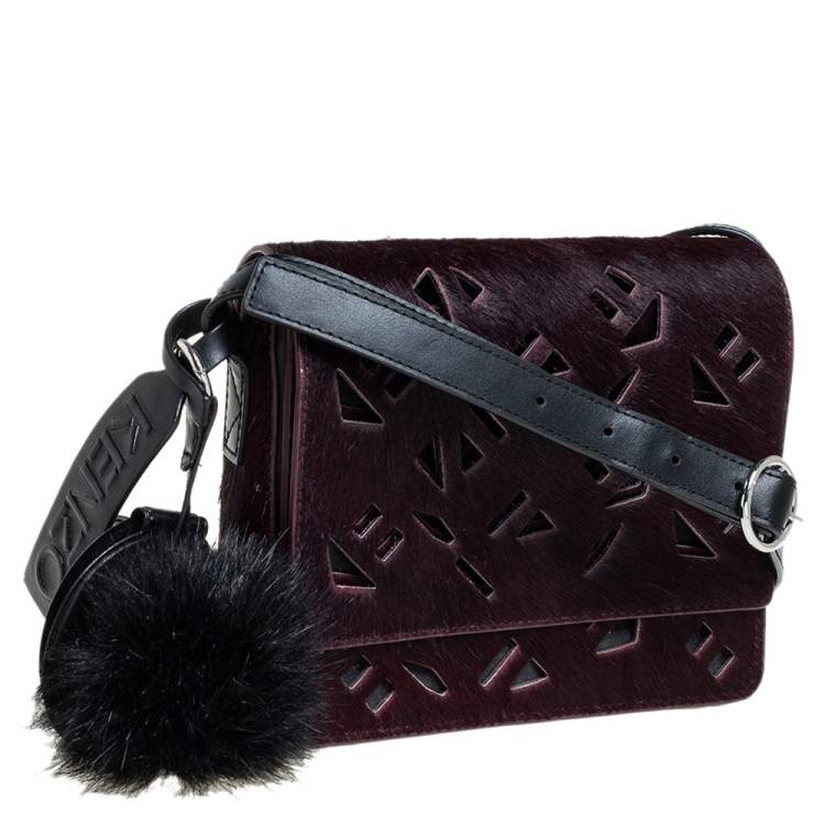 Pre Owned Kenzo Burgundy/Black Calfhair and Leather Lazer Cut Flap Shoulder Bag