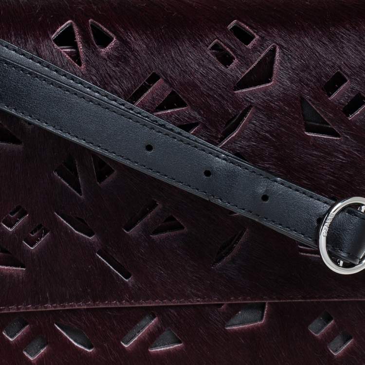 Pre Owned Kenzo Burgundy/Black Calfhair and Leather Lazer Cut Flap Shoulder Bag