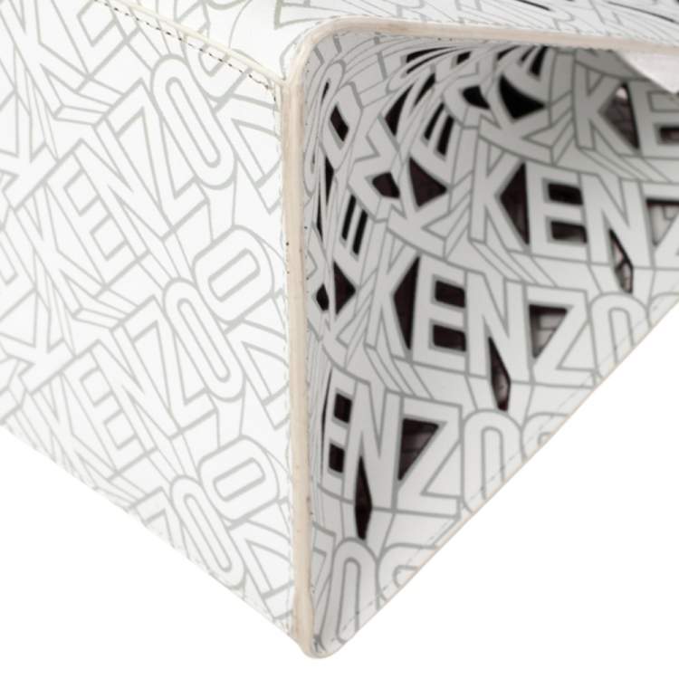 Pre Owned Kenzo White/Black Laser Cut Leather Mini Flying Logo Tote