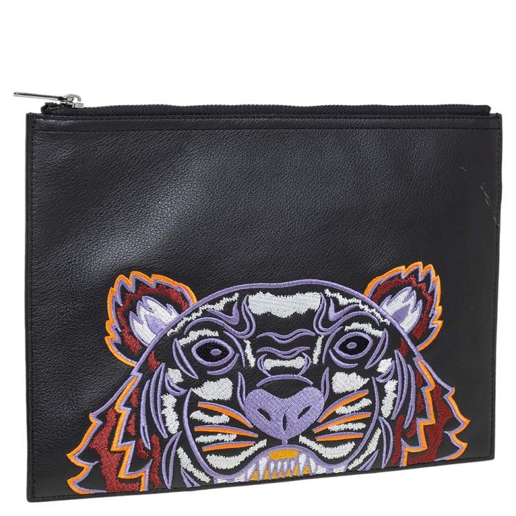Pre Owned Kenzo Black Leather Tiger Embroidered Zipper Clutch