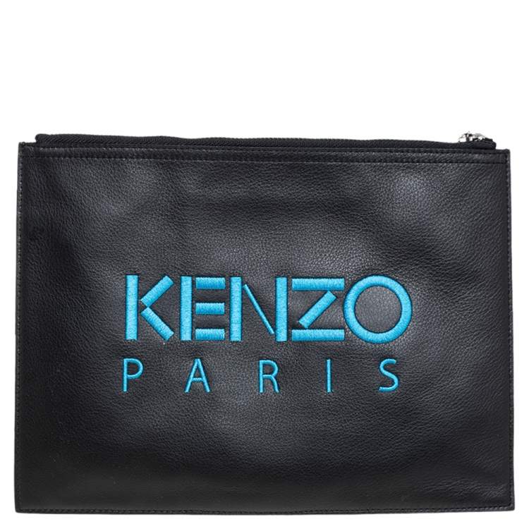 Pre Owned Kenzo Black Leather Tiger Embroidered Zipper Clutch