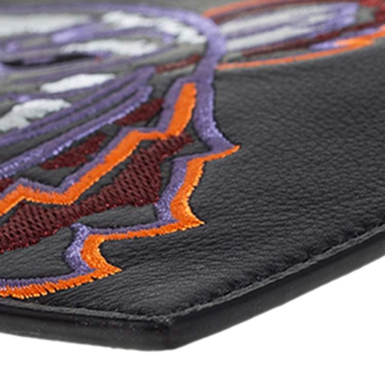 Pre Owned Kenzo Black Leather Tiger Embroidered Zipper Clutch