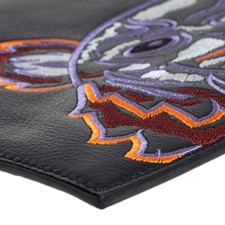 Pre Owned Kenzo Black Leather Tiger Embroidered Zipper Clutch