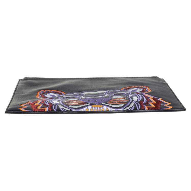 Pre Owned Kenzo Black Leather Tiger Embroidered Zipper Clutch