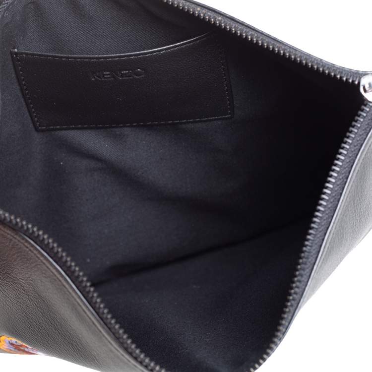 Pre Owned Kenzo Black Leather Tiger Embroidered Zipper Clutch
