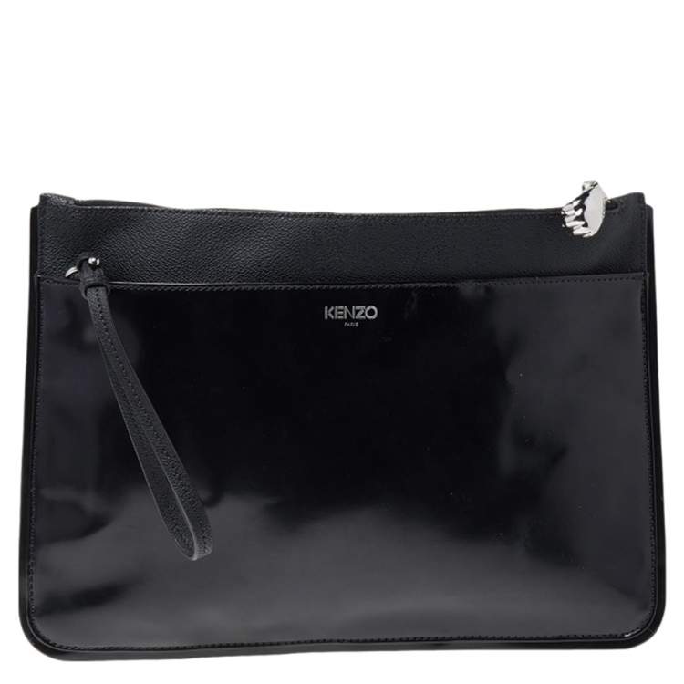 Pre Owned Kenzo Black Tiger Print Coated Canvas and Patent Leather Wristlet Pouch