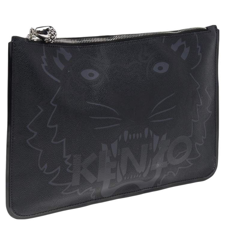 Pre Owned Kenzo Black Tiger Print Coated Canvas and Patent Leather Wristlet Pouch