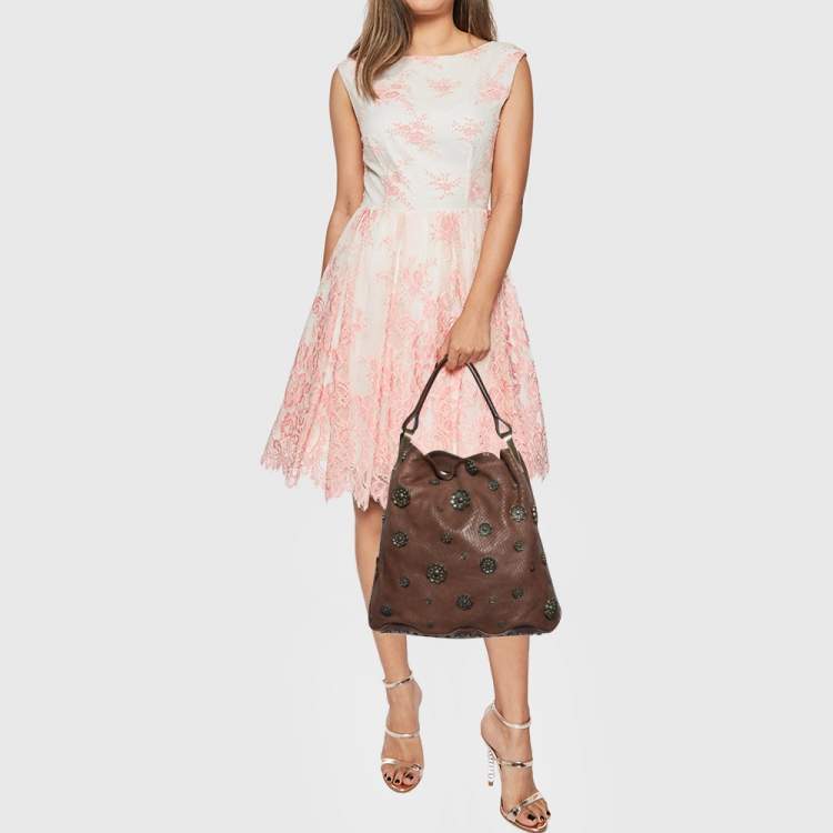 Pre Owned Kenzo Brown Python Embossed Leather Embellished Hobo