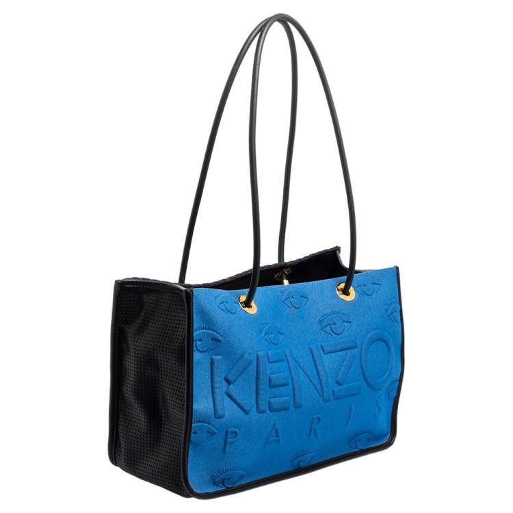 Pre Owned Kenzo Two Tone Blue Logo Embossed Fabric and Leather Trim Shopper Tote
