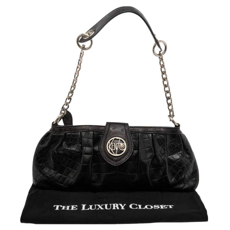 Pre Owned Kenzo Black Croc Embossed Leather Clutch
