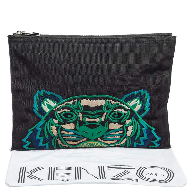 Pre Owned Kenzo Black Canvas Logo Embroidered Pouch
