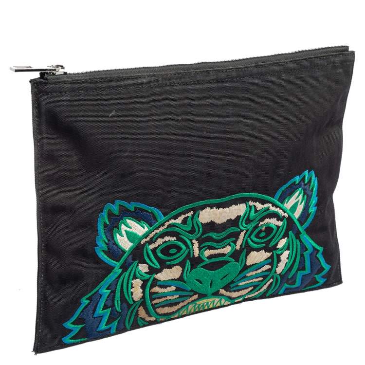Pre Owned Kenzo Black Canvas Logo Embroidered Pouch