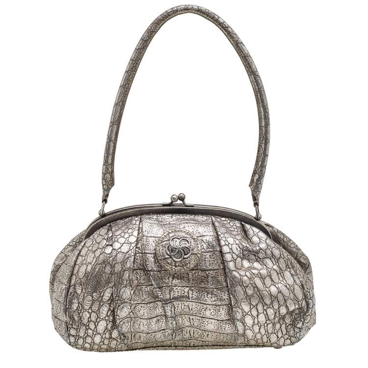 Pre Owned Kenzo Metallic Gold Croc Embossed Leather Frame Satchel
