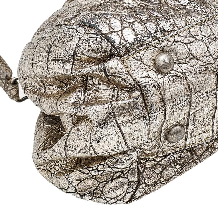 Pre Owned Kenzo Metallic Gold Croc Embossed Leather Frame Satchel