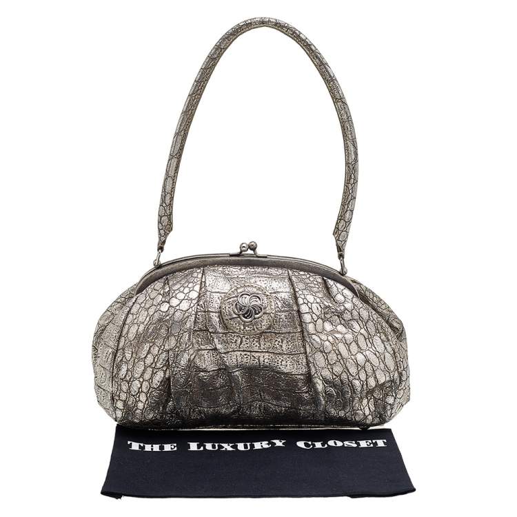 Pre Owned Kenzo Metallic Gold Croc Embossed Leather Frame Satchel
