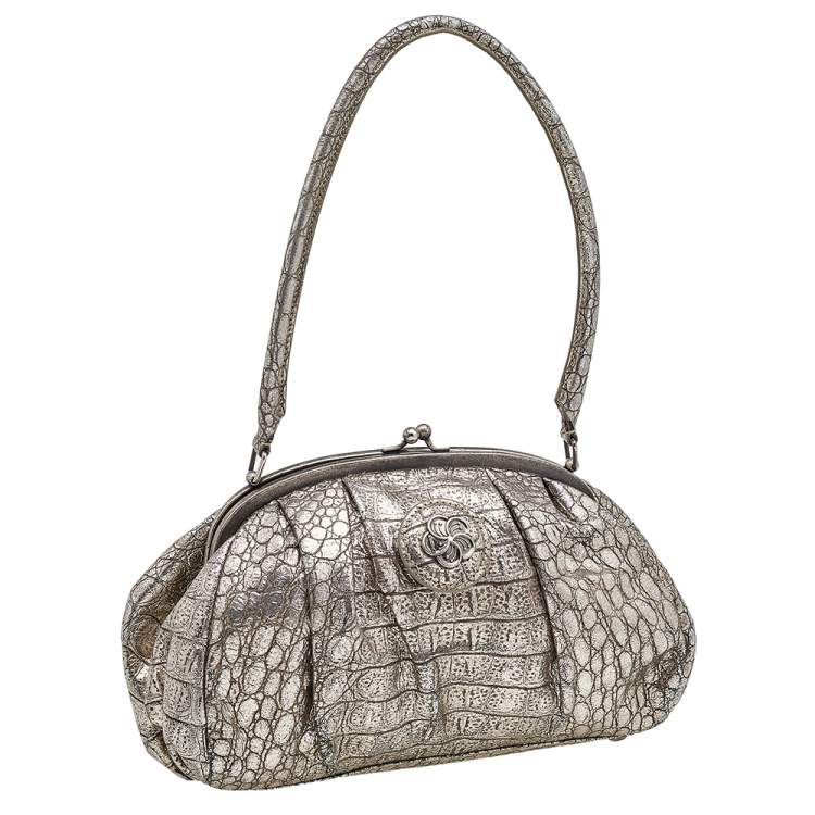 Pre Owned Kenzo Metallic Gold Croc Embossed Leather Frame Satchel