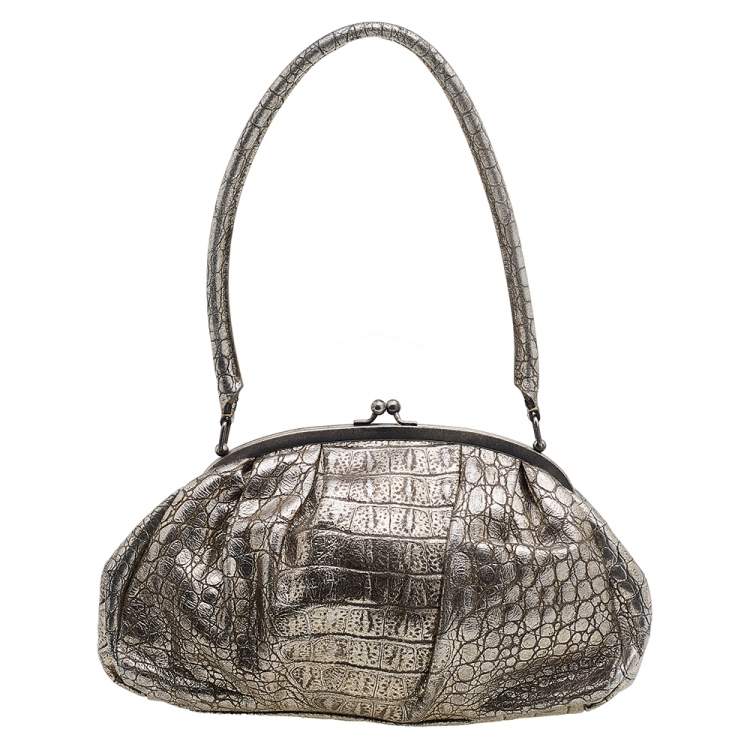 Pre Owned Kenzo Metallic Gold Croc Embossed Leather Frame Satchel