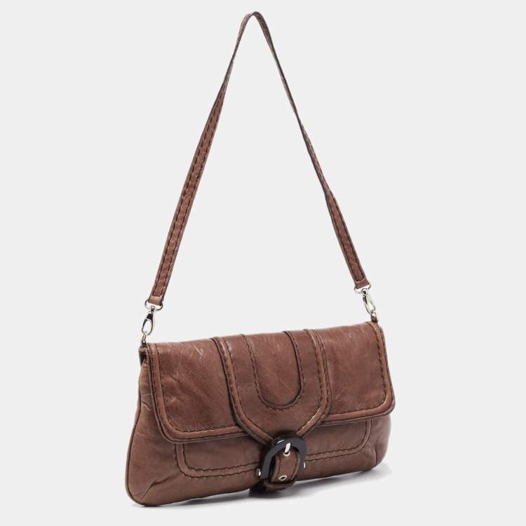 Pre Owned Kenzo Brown Leather Buckle Flap Baguette Bag