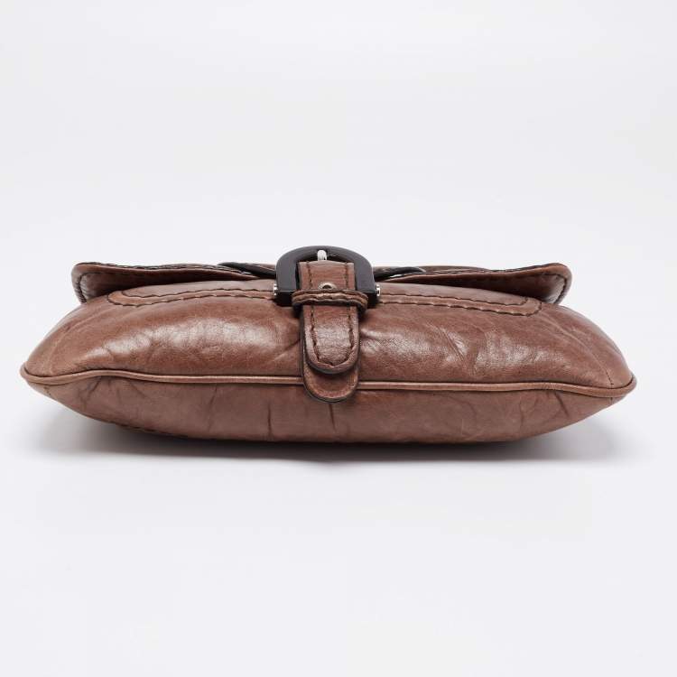 Pre Owned Kenzo Brown Leather Buckle Flap Baguette Bag