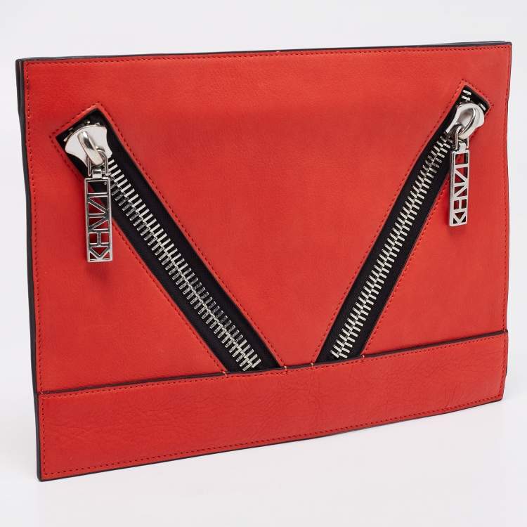Pre Owned Kenzo Scarlet Red Leather Kalifornia Zip Pouch