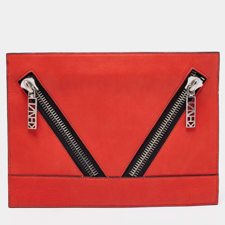 Pre Owned Kenzo Scarlet Red Leather Kalifornia Zip Pouch