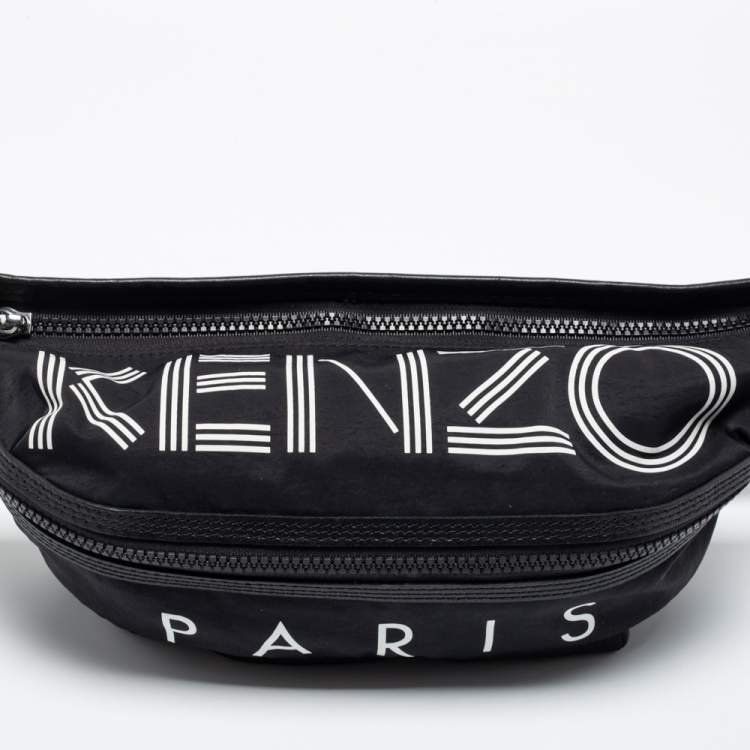 Pre Owned Kenzo Black Logo Print Nylon And Leather Belt Bag