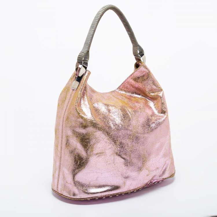 Pre Owned Kenzo Metallic Pink Crinkled Leather Hobo