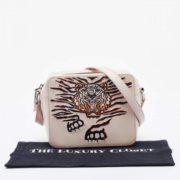 Pre Owned Kenzo Beige Leather Tiger Embroidered Camera Bag 