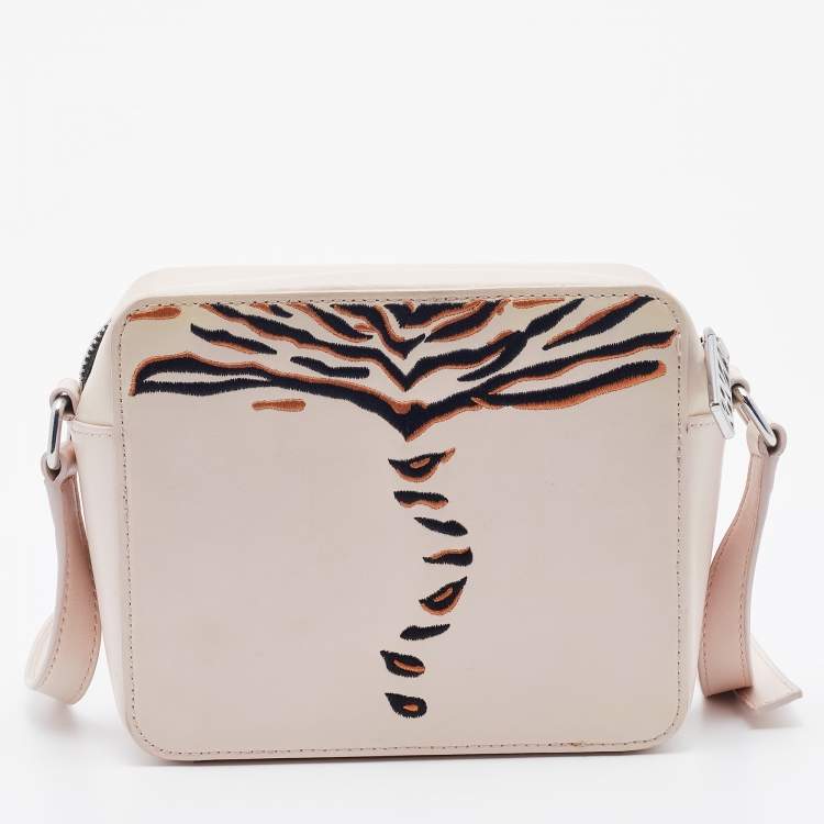 Pre Owned Kenzo Beige Leather Tiger Embroidered Camera Bag 
