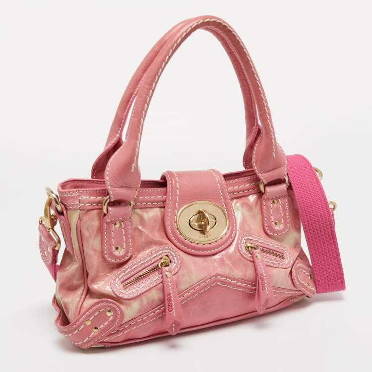 Pre Owned Kenzo Pink Laminated Leather Turn Lock Satchel