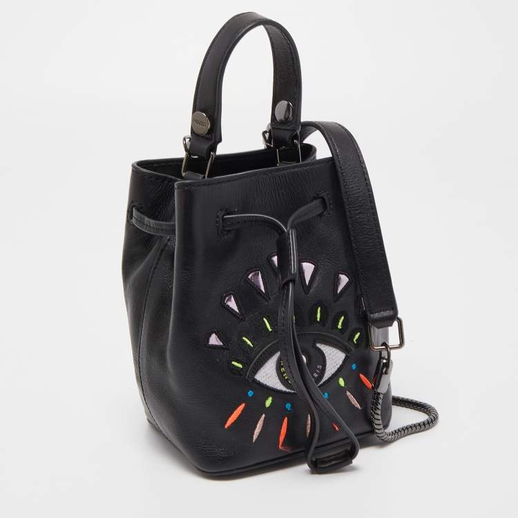 Pre Owned Kenzo Black Leather Embroidered Eye Bucket Bag