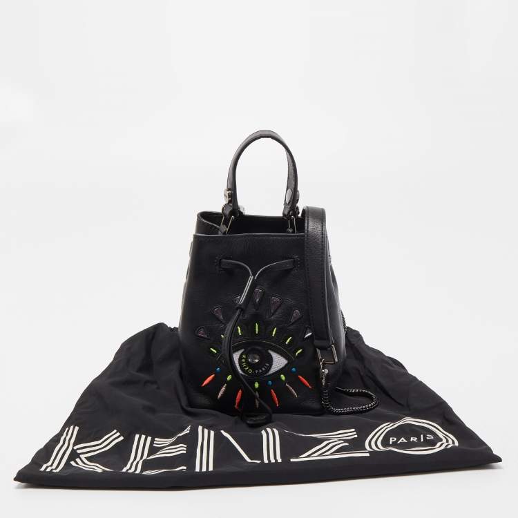 Pre Owned Kenzo Black Leather Embroidered Eye Bucket Bag