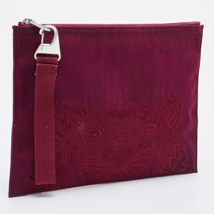 Pre Owned Kenzo Burgundy Canvas Tiger Embroidery Wristlet Pouch