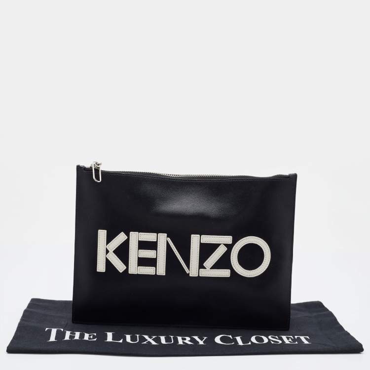 Pre Owned Kenzo Black Leather Logo Zipped Pouch